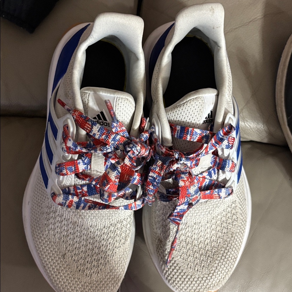 Boys Adidas White and Blue Sneakers with Red Laces